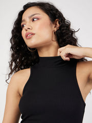 Women Black Rib Turtle Neck Sleeveless Top-SFTOPS41517