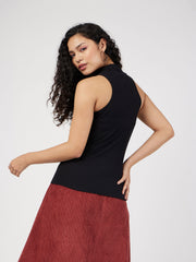Women Black Rib Turtle Neck Sleeveless Top-SFTOPS41517