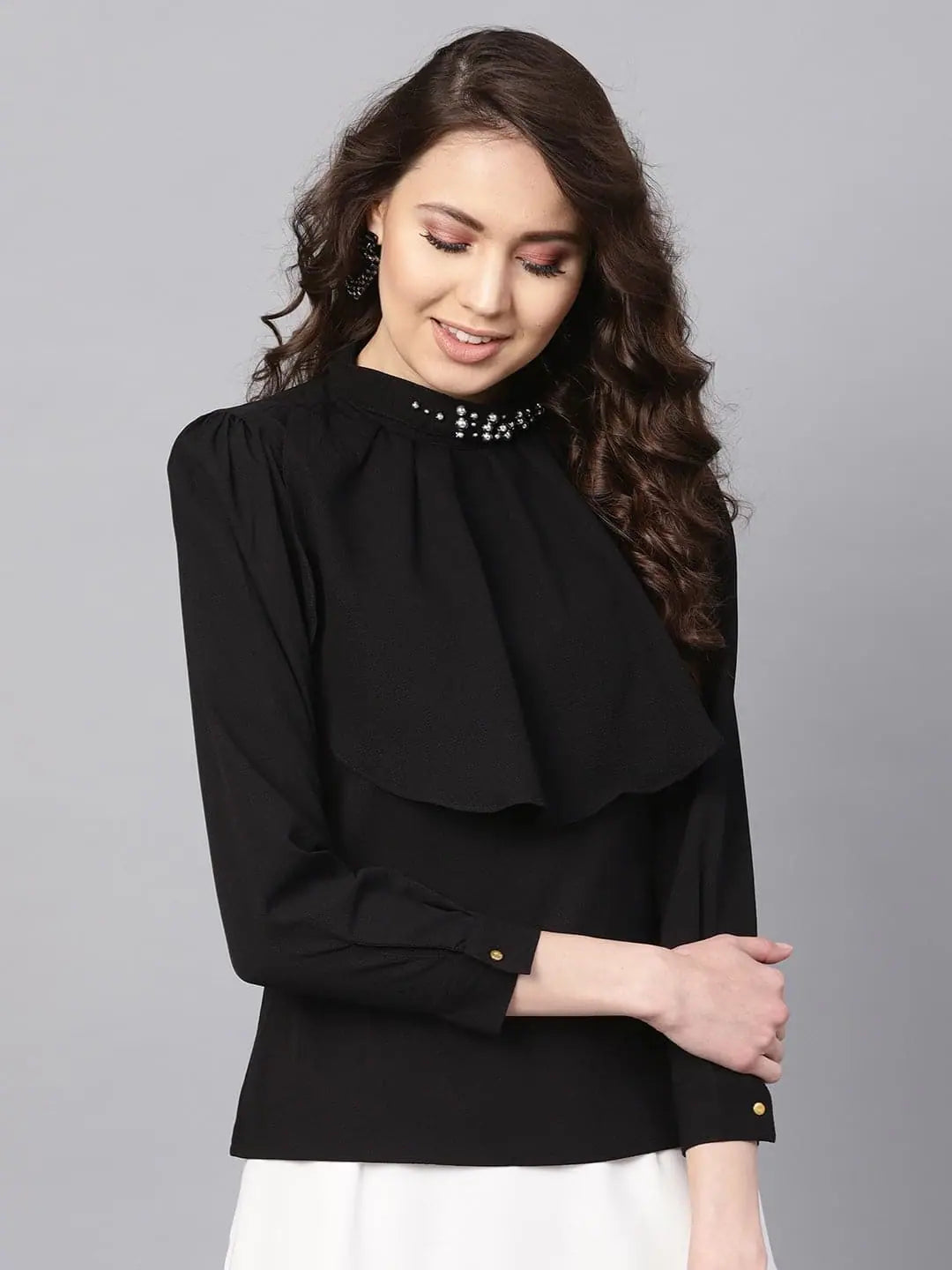 Layered Beaded Neck Black Top