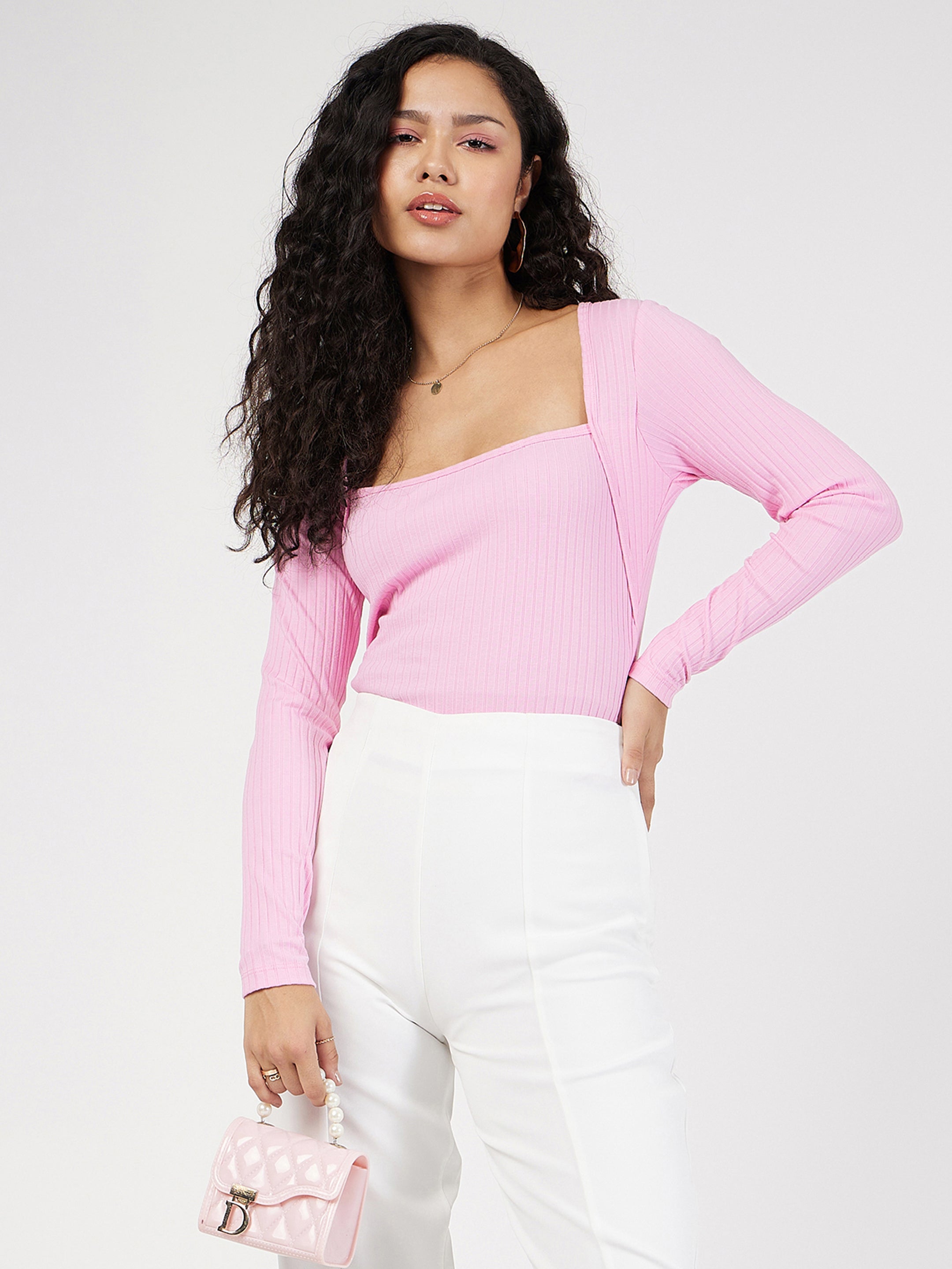 Women Pink Rib Square Neck Full Sleeves Top-SFTOPS41527