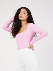 Women Pink Rib Square Neck Full Sleeves Top-SFTOPS41527