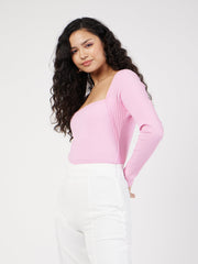 Women Pink Rib Square Neck Full Sleeves Top-SFTOPS41527