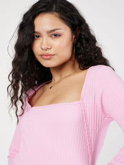 Women Pink Rib Square Neck Full Sleeves Top-SFTOPS41527