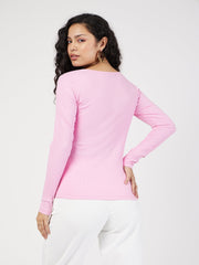 Women Pink Rib Square Neck Full Sleeves Top-SFTOPS41527