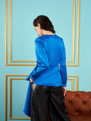 Women Royal Blue Satin Waist Tie Peplum Top-SFTOPS41602