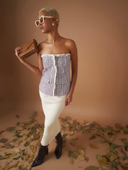 Women Burgundy Jacquard Geo Tweed Corset Top-SFTOPS41606