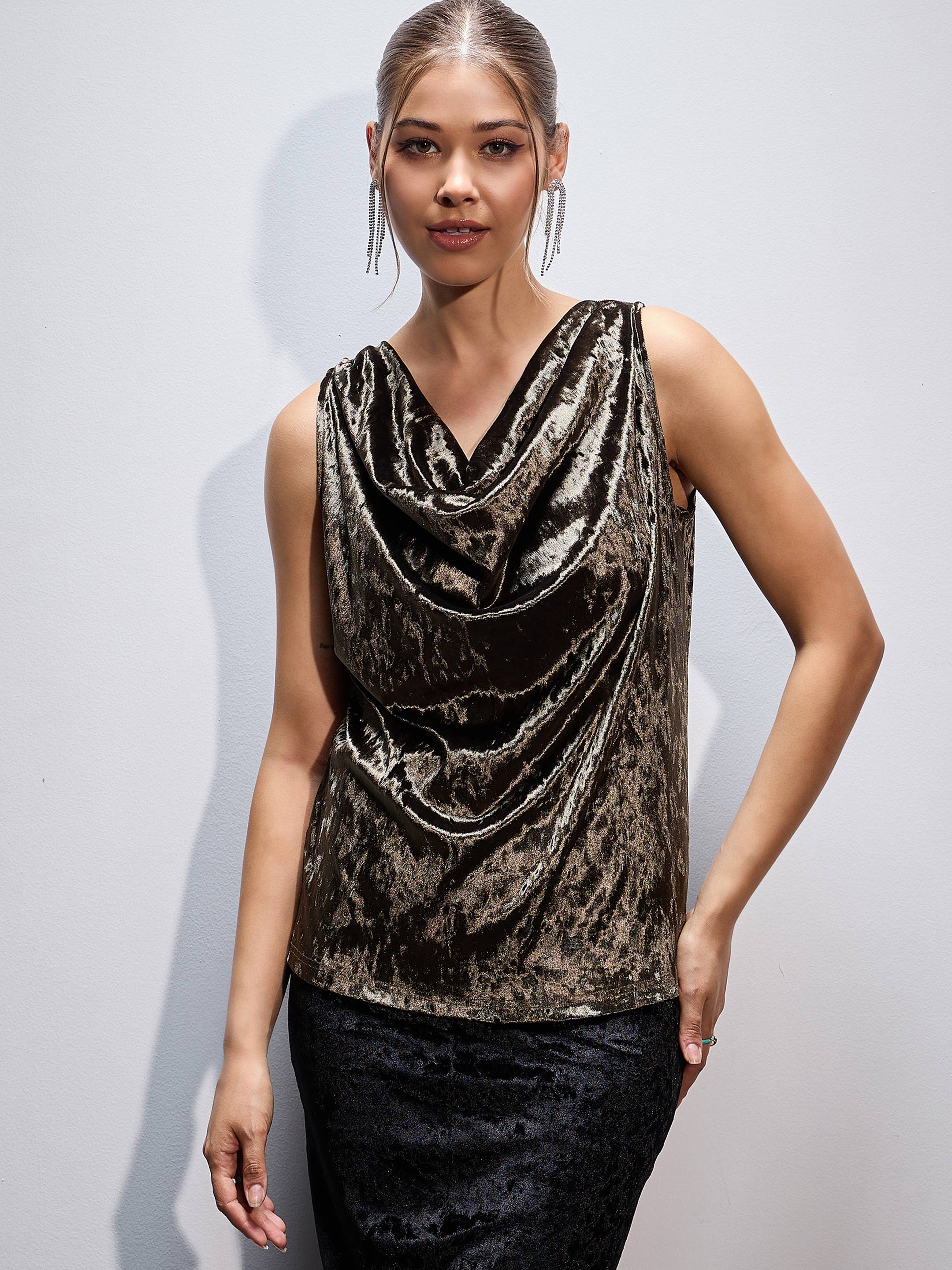 Women Olive Velvet Cowl Neck Sleeveless Top-SFTOPS41608