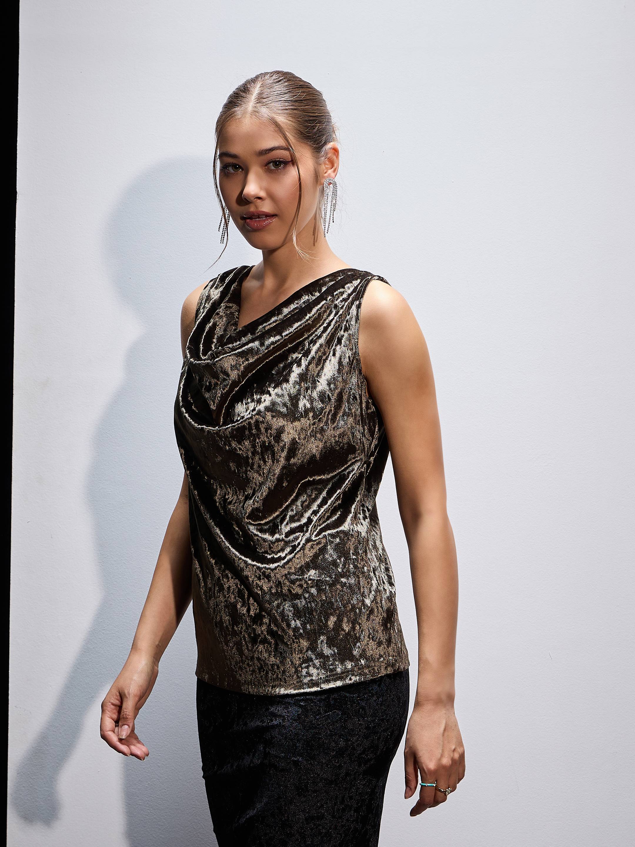 Women Olive Velvet Cowl Neck Sleeveless Top-SFTOPS41608