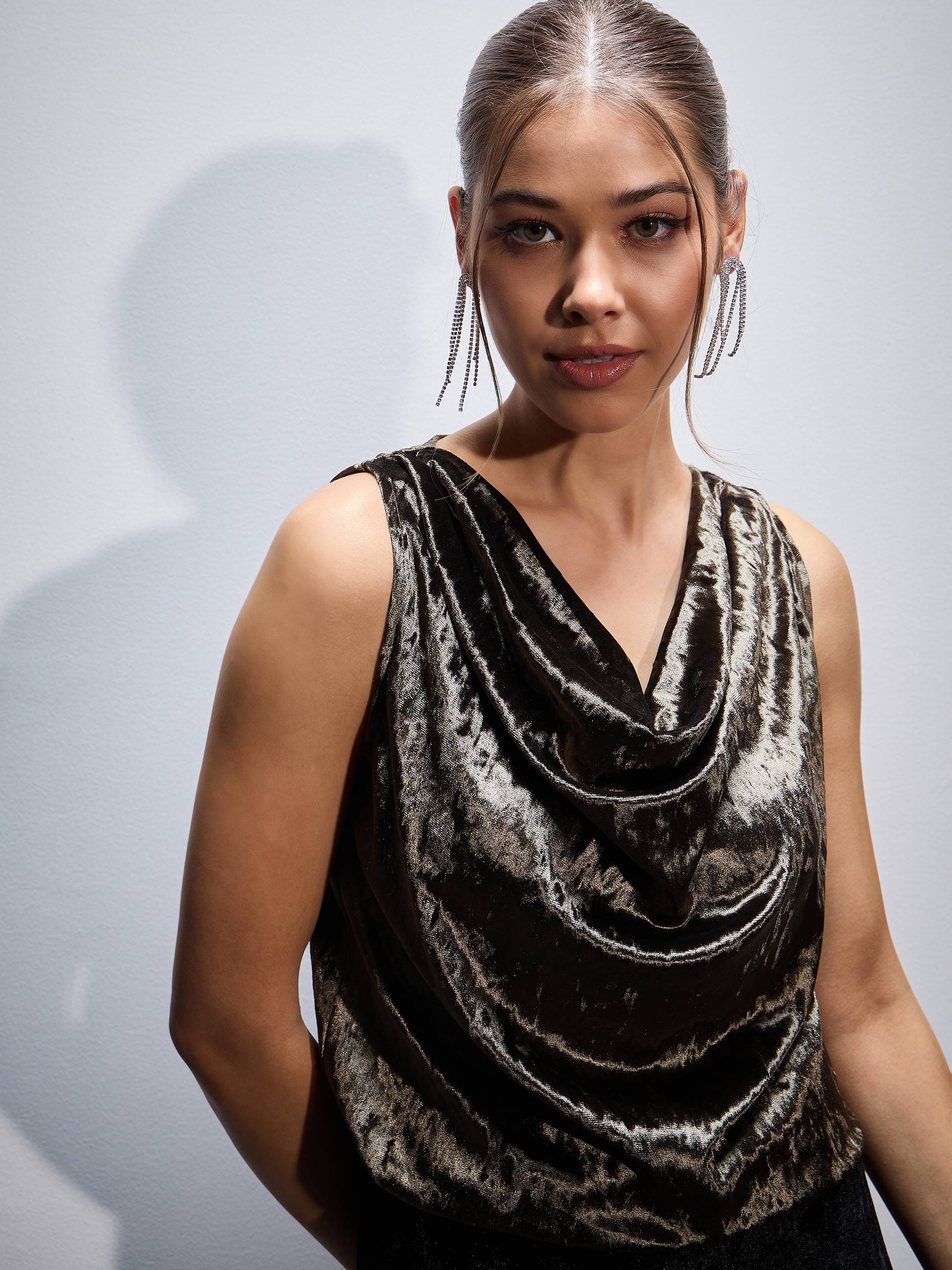 Women Olive Velvet Cowl Neck Sleeveless Top-SFTOPS41608