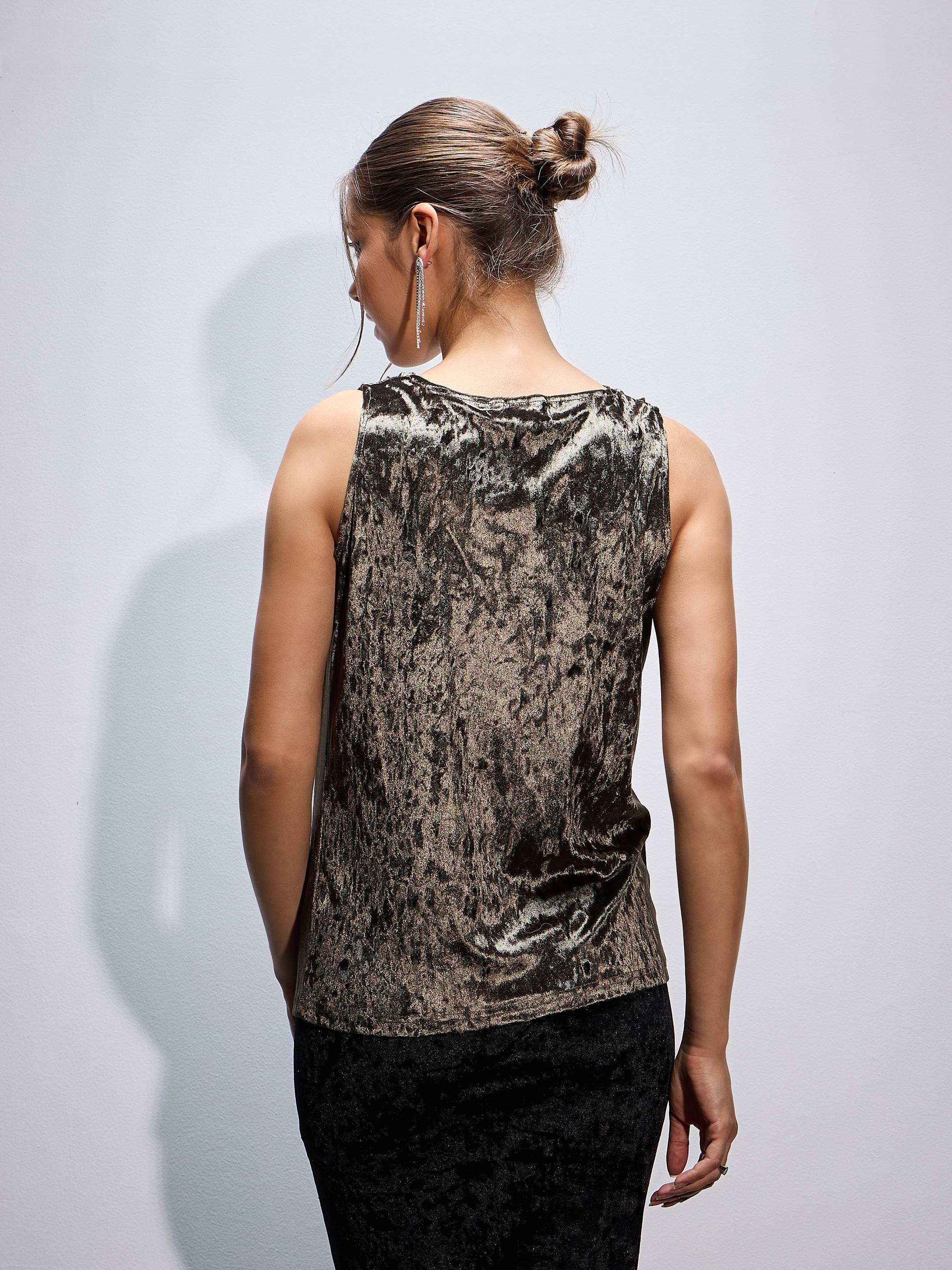 Women Olive Velvet Cowl Neck Sleeveless Top-SFTOPS41608