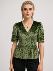 Women Olive Velvet Front Button Top-SFTOPS41614