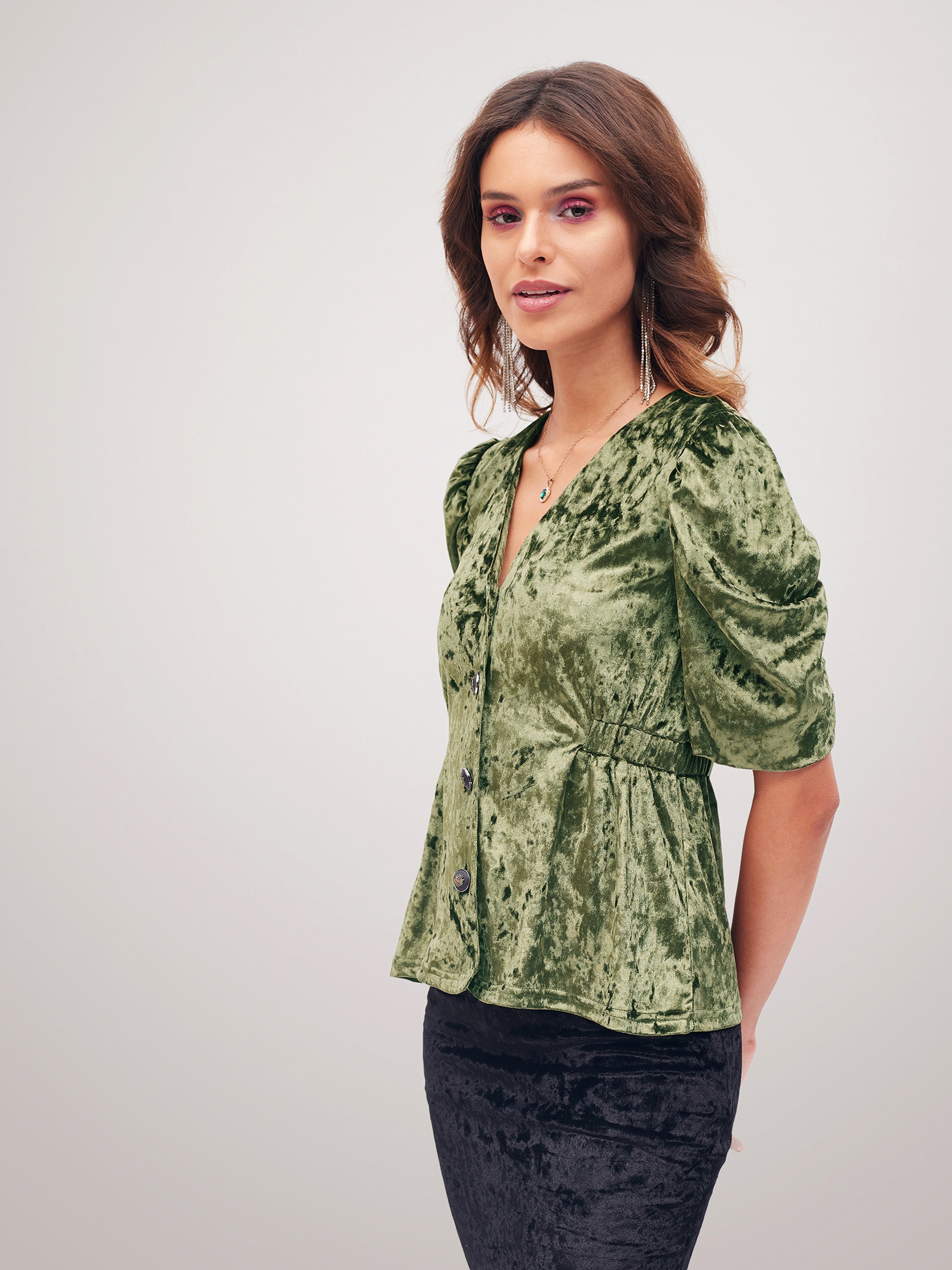 Women Olive Velvet Front Button Top-SFTOPS41614