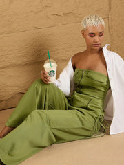 Women Olive Twill Corset Top With Cargo Pants-SFTOPS41905_SFPANT50872