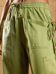 Women Olive Twill Corset Top With Cargo Pants-SFTOPS41905_SFPANT50872