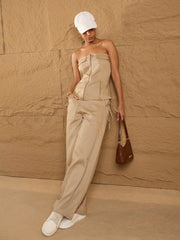 Women Beige Twill Corset Top With Cargo Pants-SFTOPS41907_SFPANT50871