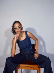 Women Navy Denim Short Top-SFTOPS42025