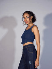 Women Navy Denim Short Top-SFTOPS42025