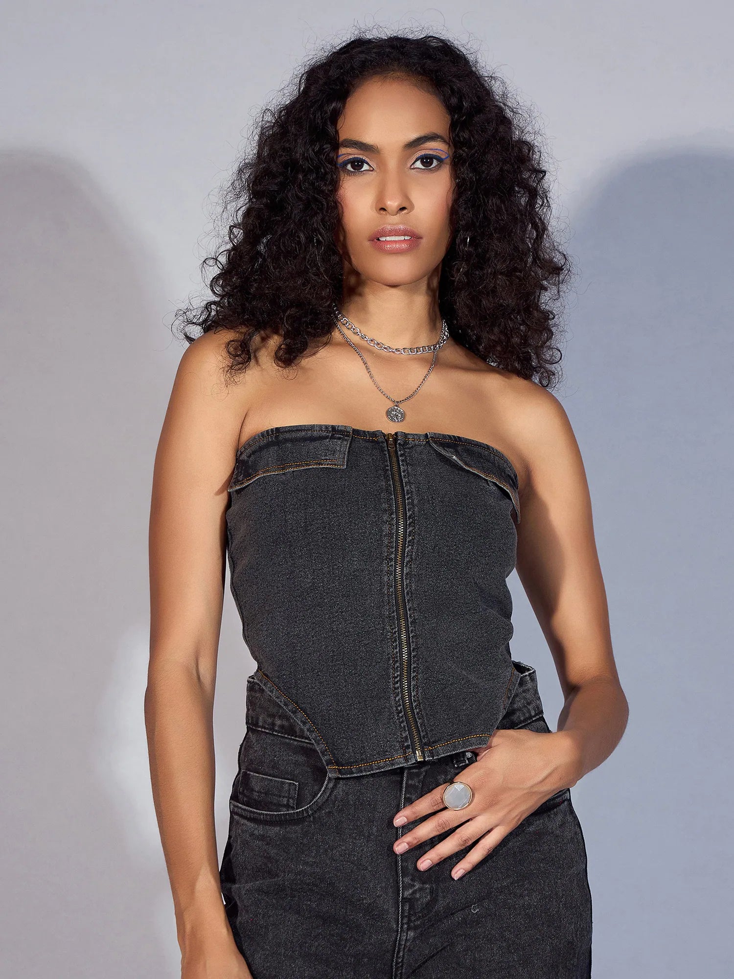 Black Denim Zipper Tube Top | Women's Western Clothing