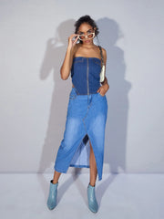 Women Blue Denim Zipper Tube Top-SFTOPS42028