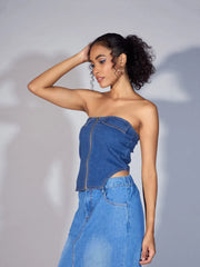 Women Blue Denim Zipper Tube Top-SFTOPS42028