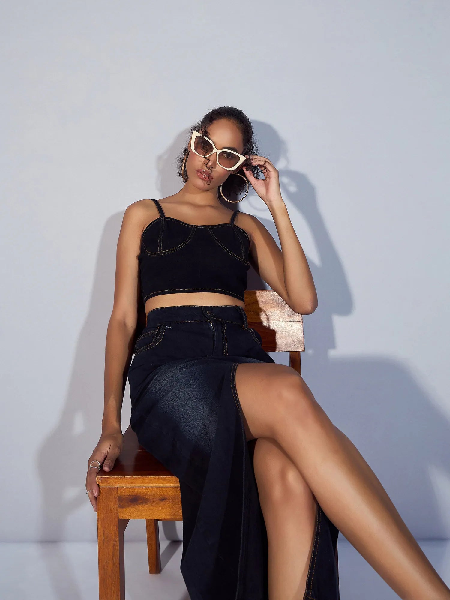 Black Denim Strappy Crop Top | Women's Western Wear Outfit