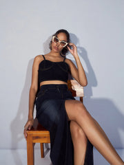 Women Black Denim Strappy Crop Top-SFTOPS42031