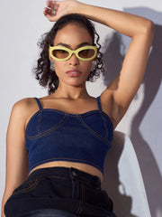 Women Blue Denim Strappy Crop Top-SFTOPS42032