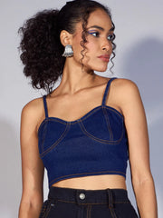Women Blue Denim Strappy Crop Top-SFTOPS42032