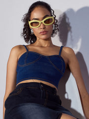 Women Blue Denim Strappy Crop Top-SFTOPS42032