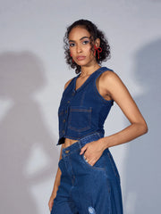 Women Blue Denim Waistcoat Top-SFTOPS42034