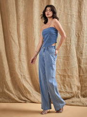 Women Blue Washed Tube Top With Straight Fit Jeans-SFTOPS42054_SFJEAN0571