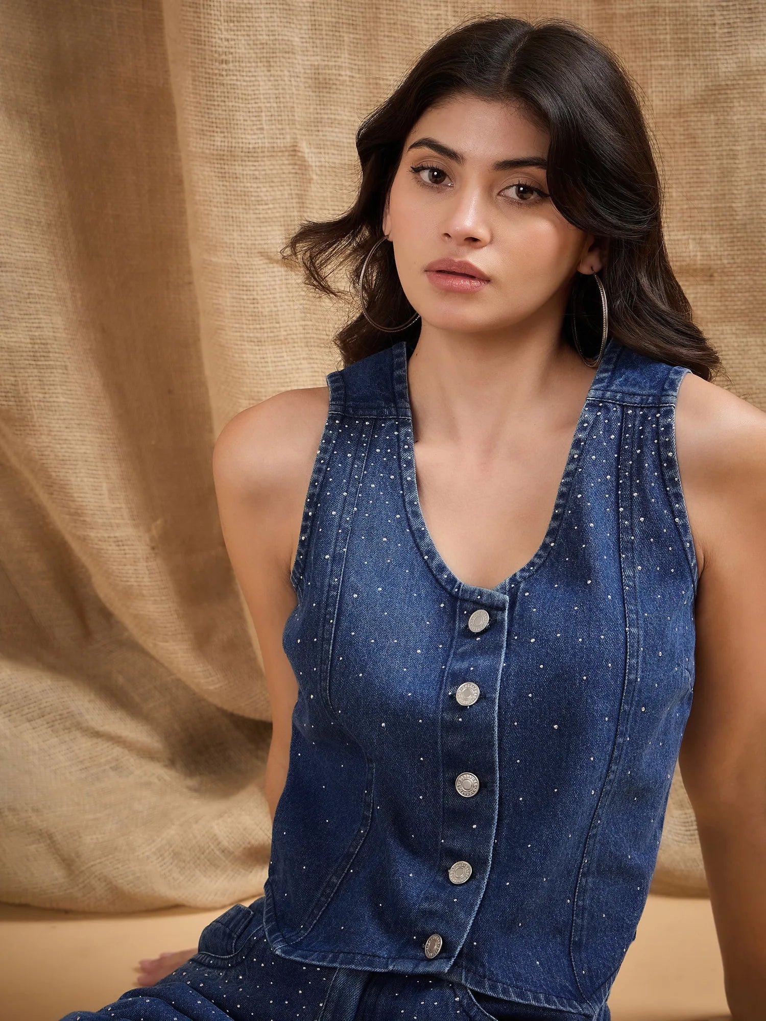 Denim Studded Waistcoat Top - Women's Western Wear