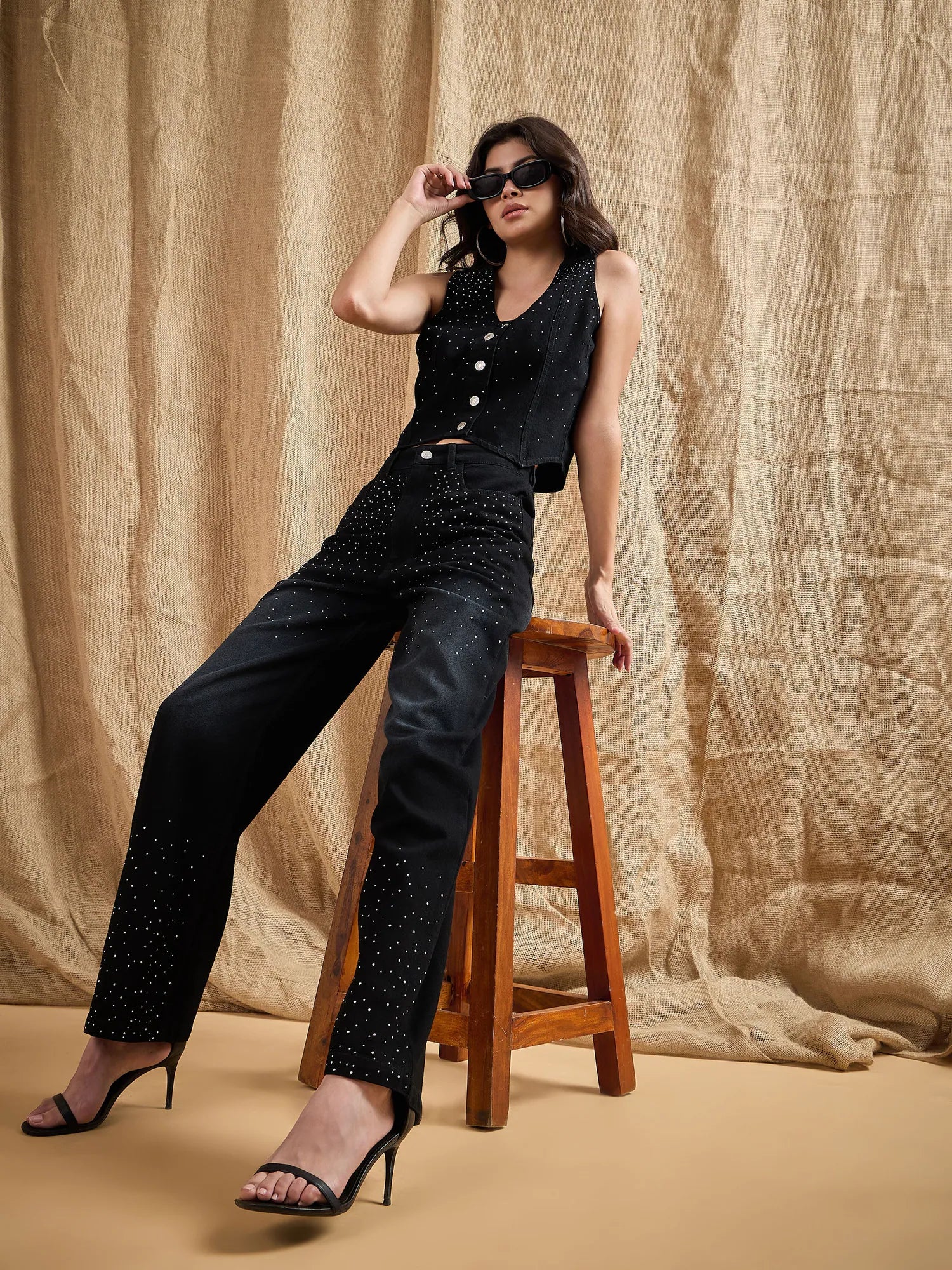 Wholesale Women Black Denim Top With Straight Fit Jeans