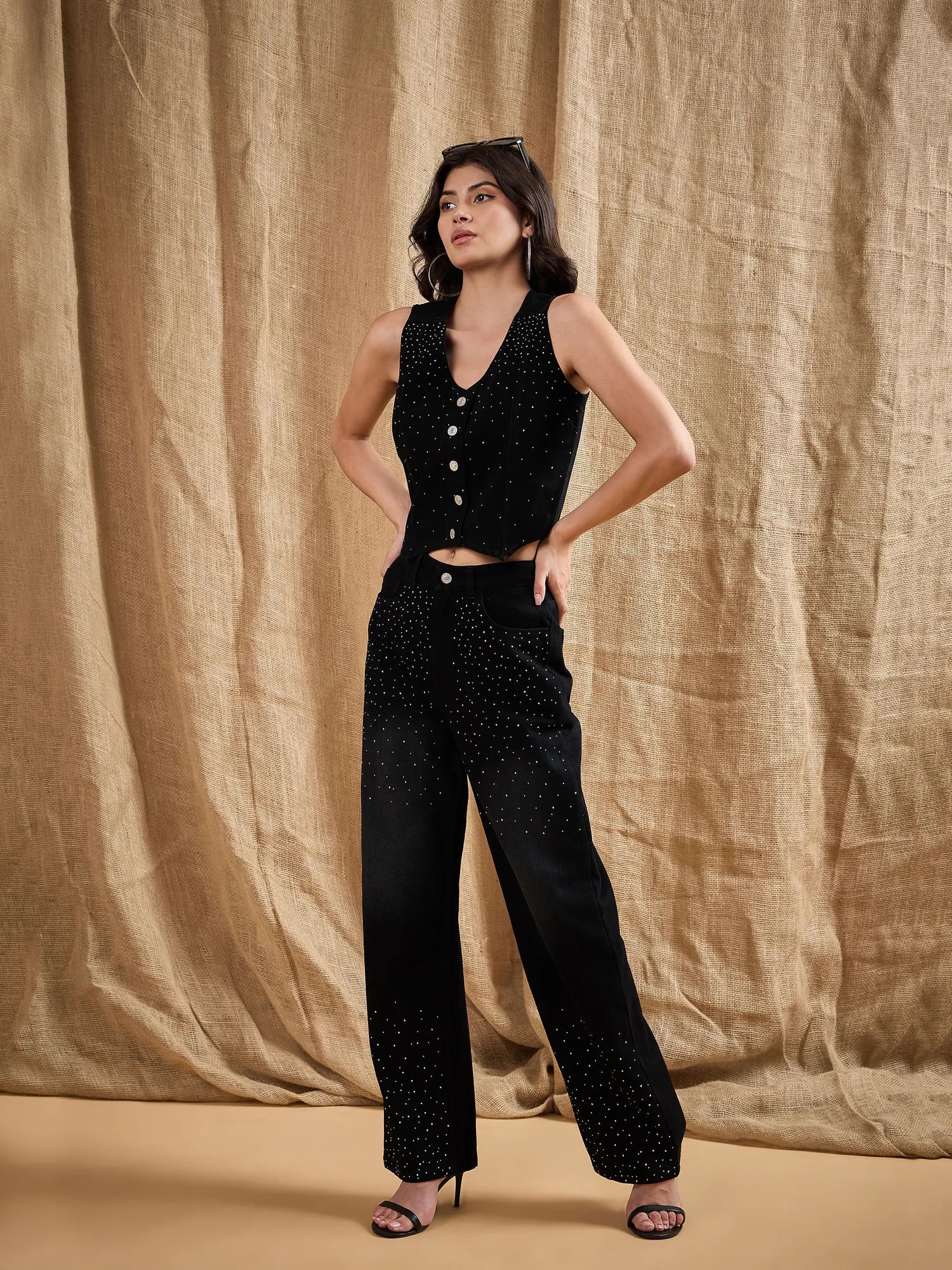 Wholesale Women Black Denim Top With Straight Fit Jeans
