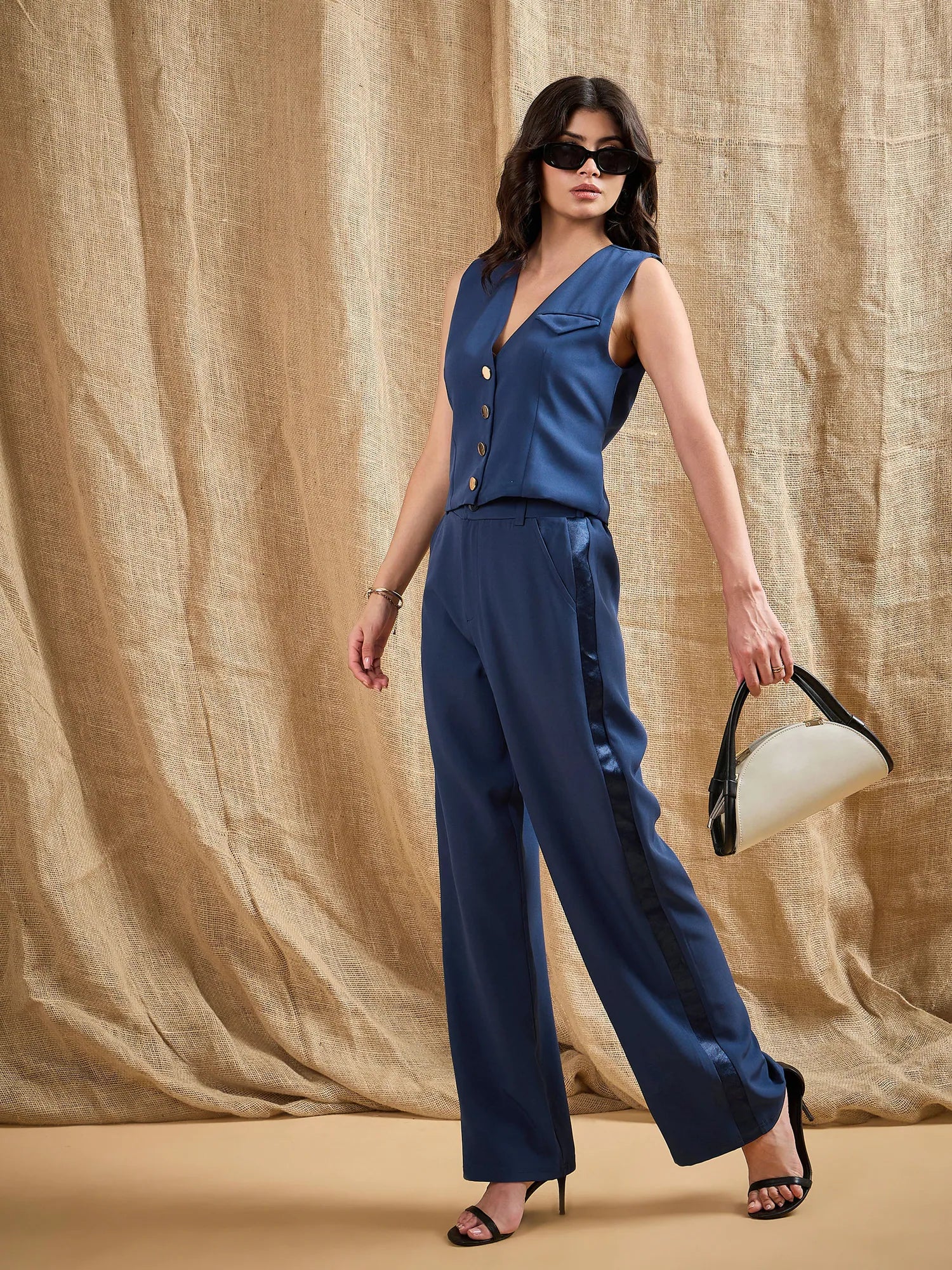 Airforce Blue Women's Two Piece Sets with Waistcoat and Pants