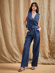 Women Airforce Blue Waistcoat With Straight Fit Pants-SFTOPS42058_SFPANT50843