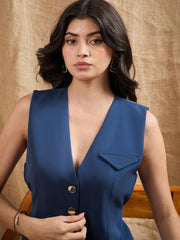 Women Airforce Blue Waistcoat With Straight Fit Pants-SFTOPS42058_SFPANT50843