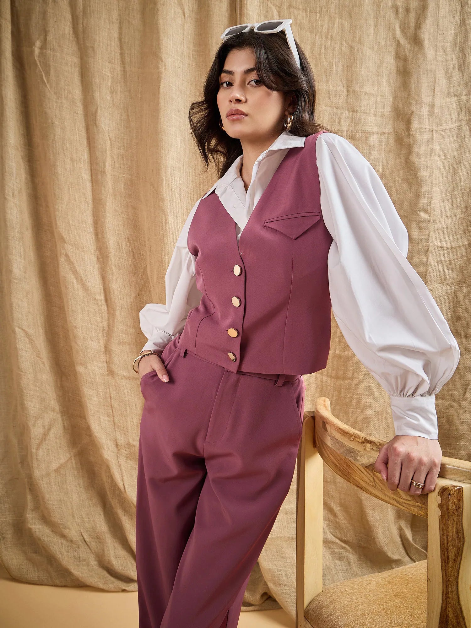 Dark Pink Waistcoat and Pants Set - Stylish Co Ord Sets Women