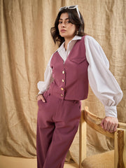 Women Dark Pink Waistcoat With Straight Fit Pants-SFTOPS42059_SFPANT50844