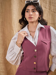 Women Dark Pink Waistcoat With Straight Fit Pants-SFTOPS42059_SFPANT50844