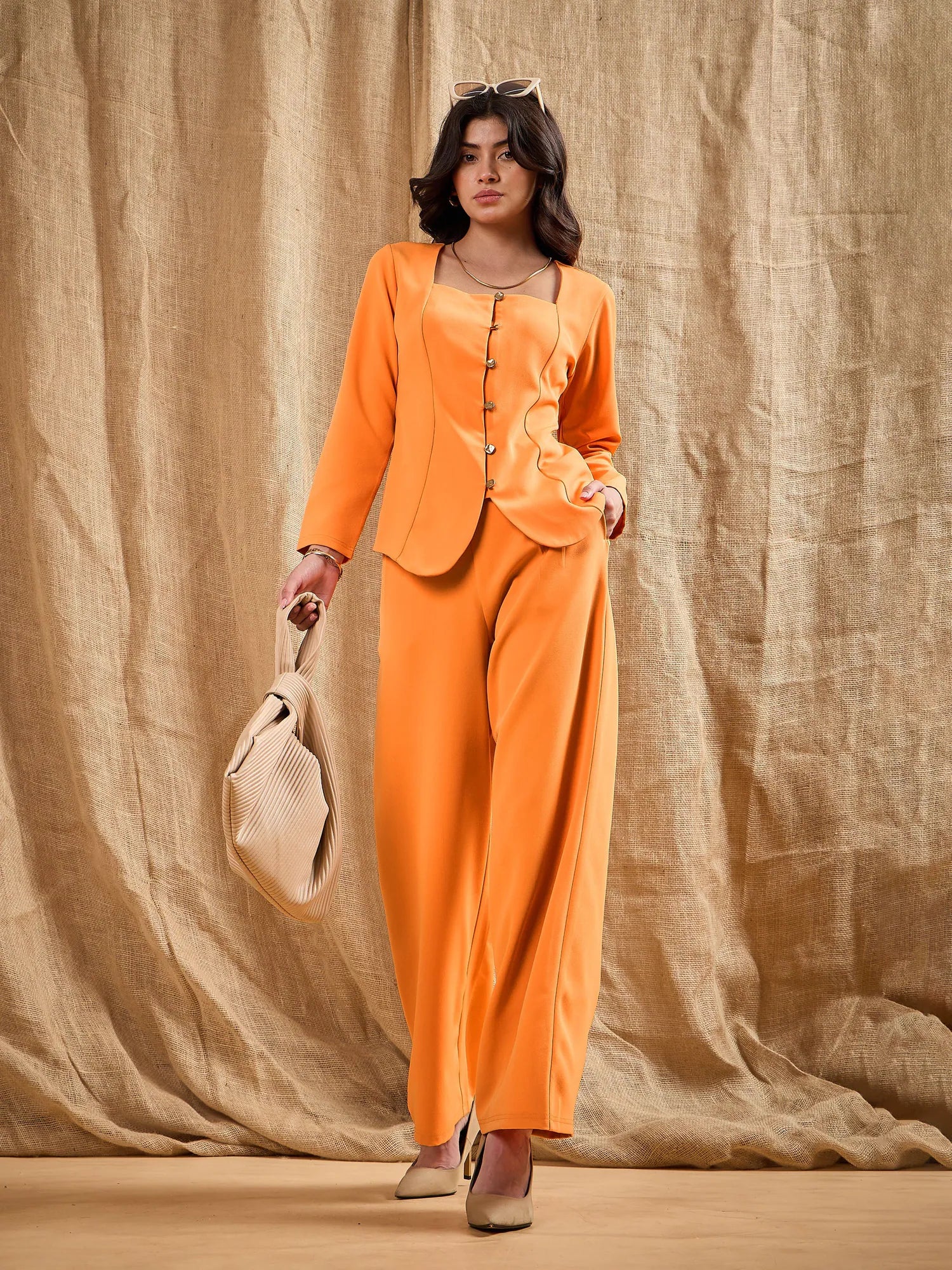 Orange Square Neck Front Open Top | Women's Blouses & Tops