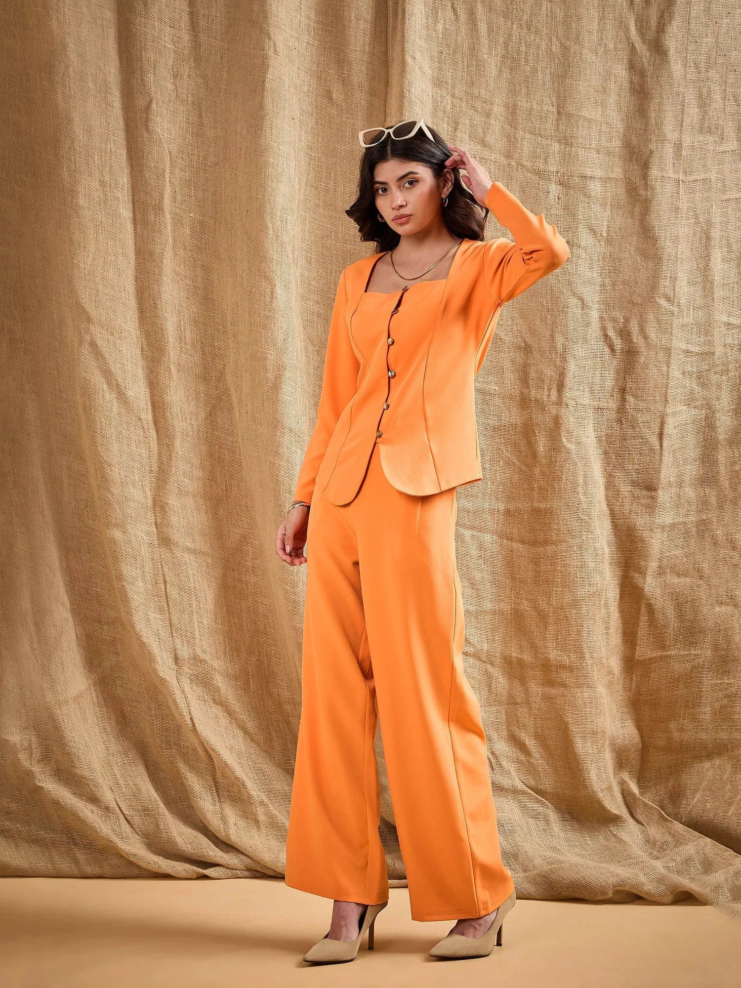 Wholesale Women Orange Square Neck Front Open Top With Pants