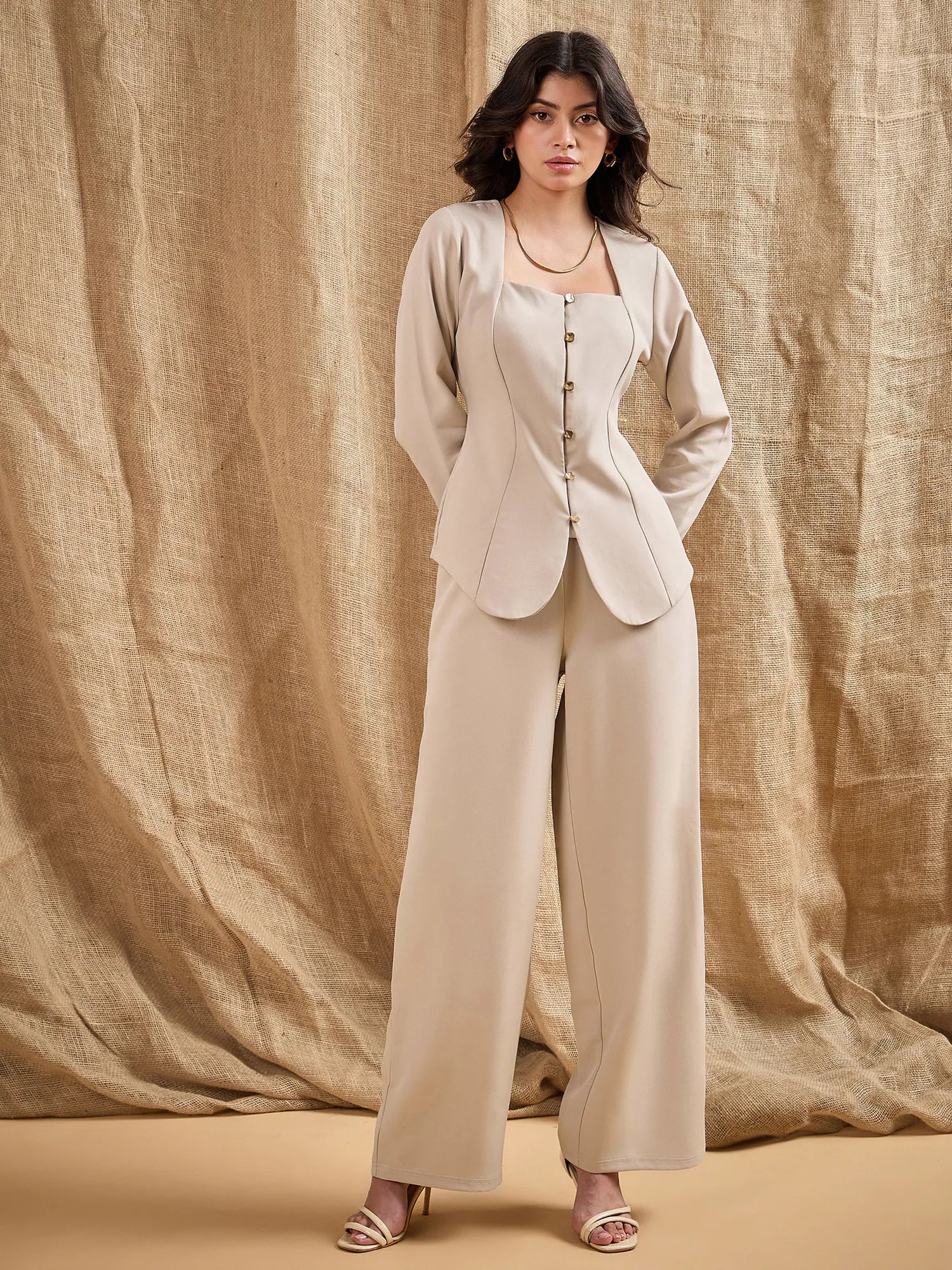 Wholesale Women Beige Square Neck Front Open Top With Pants