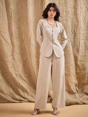 Women Beige Square Neck Front Open Top With Pants-SFTOPS42061_SFPANT50875