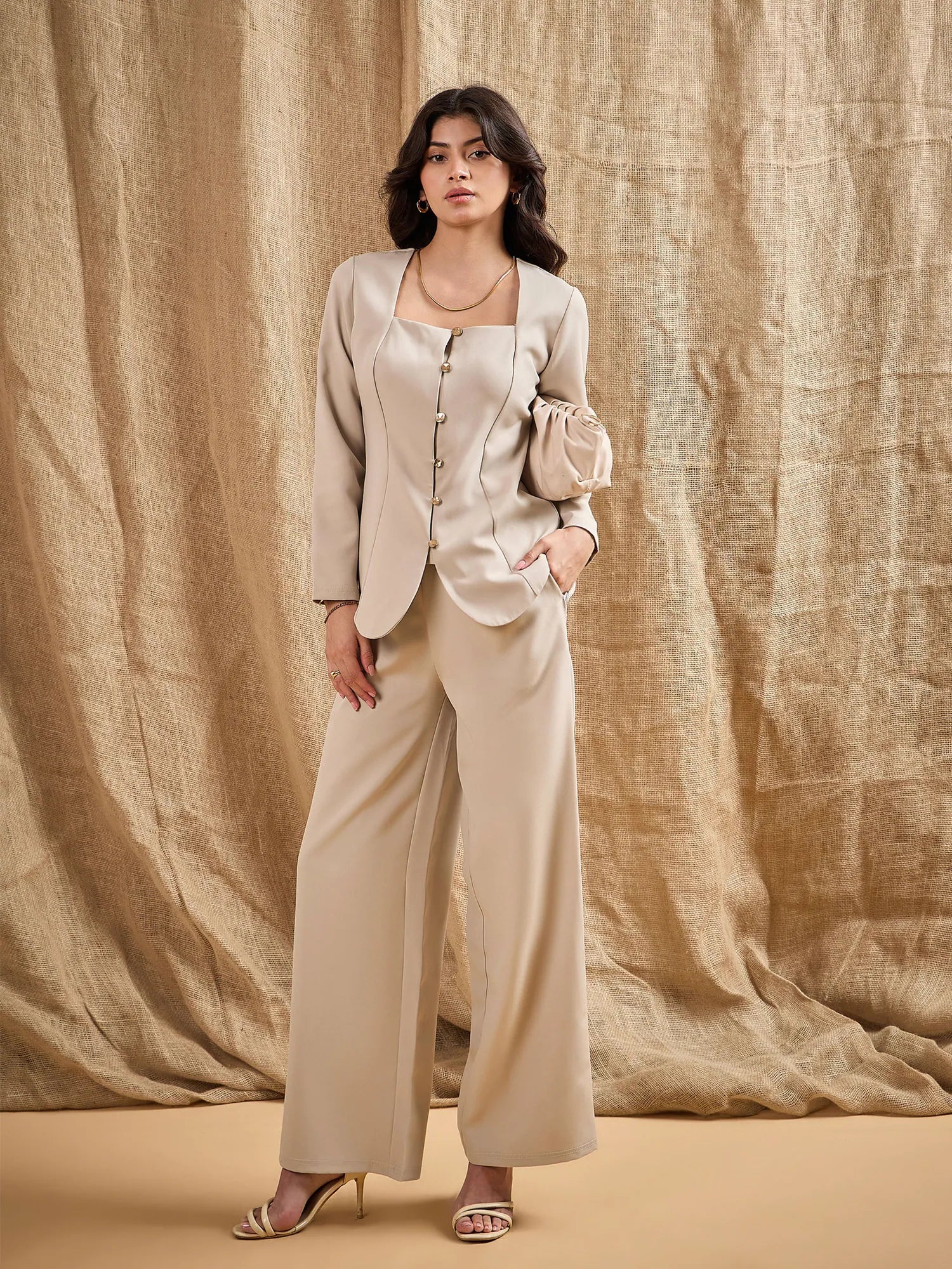 Wholesale Women Beige Square Neck Front Open Top With Pants