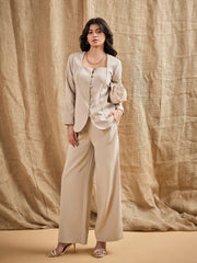 Women Beige Square Neck Front Open Top With Pants-SFTOPS42061_SFPANT50875