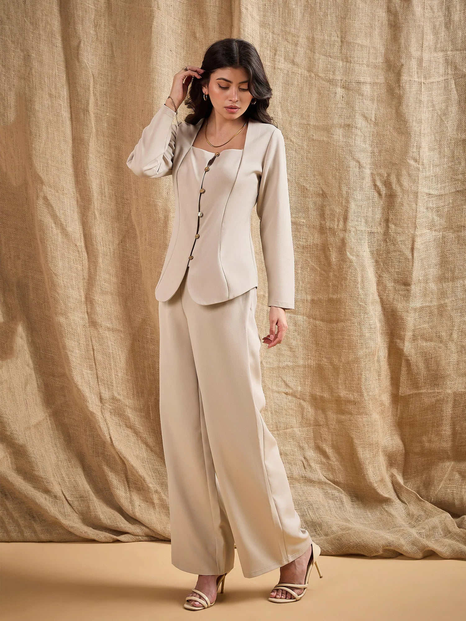 Wholesale Women Beige Square Neck Front Open Top With Pants