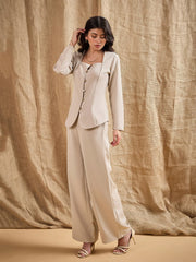 Women Beige Square Neck Front Open Top With Pants-SFTOPS42061_SFPANT50875