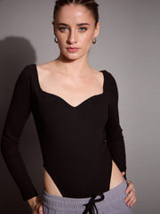 Women Black Rib Sweetheart Neck Bodysuit-SFTOPS42065
