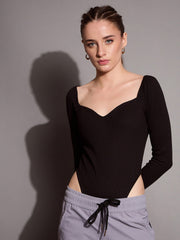 Women Black Rib Sweetheart Neck Bodysuit-SFTOPS42065